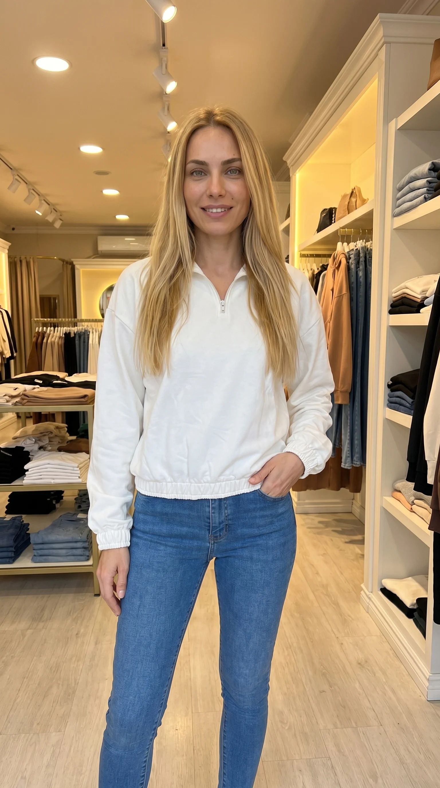 Jeans azul médio com lavagem uniforme e modelagem skinny. Cintura alta para um ajuste perfeito à silhueta.