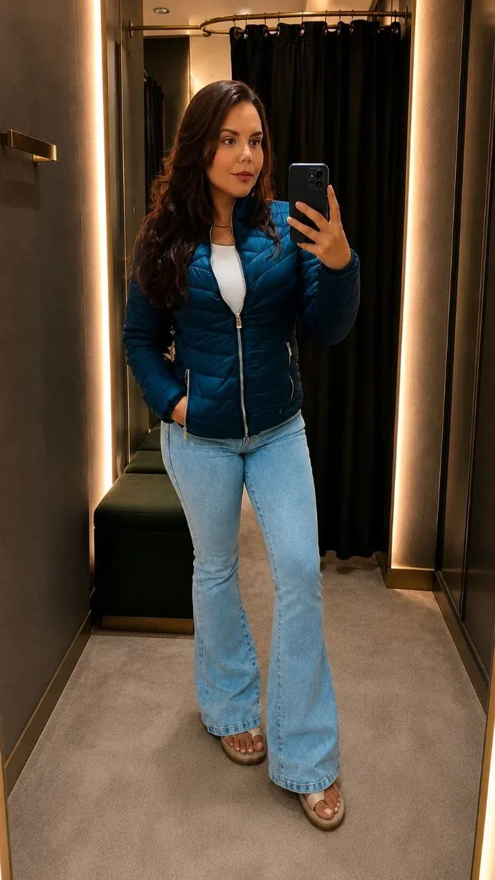 Jeans claro de algodão, com cintura média e modelagem flare, um clássico com caimento fluido.