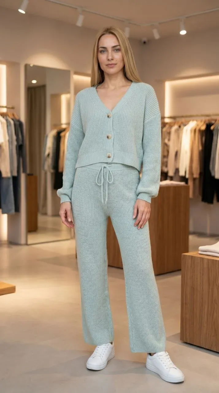 Tricô de malha leve na cor verde Brisa. Cardigã cropped com botões e calça pantalona com amarração na cintura.