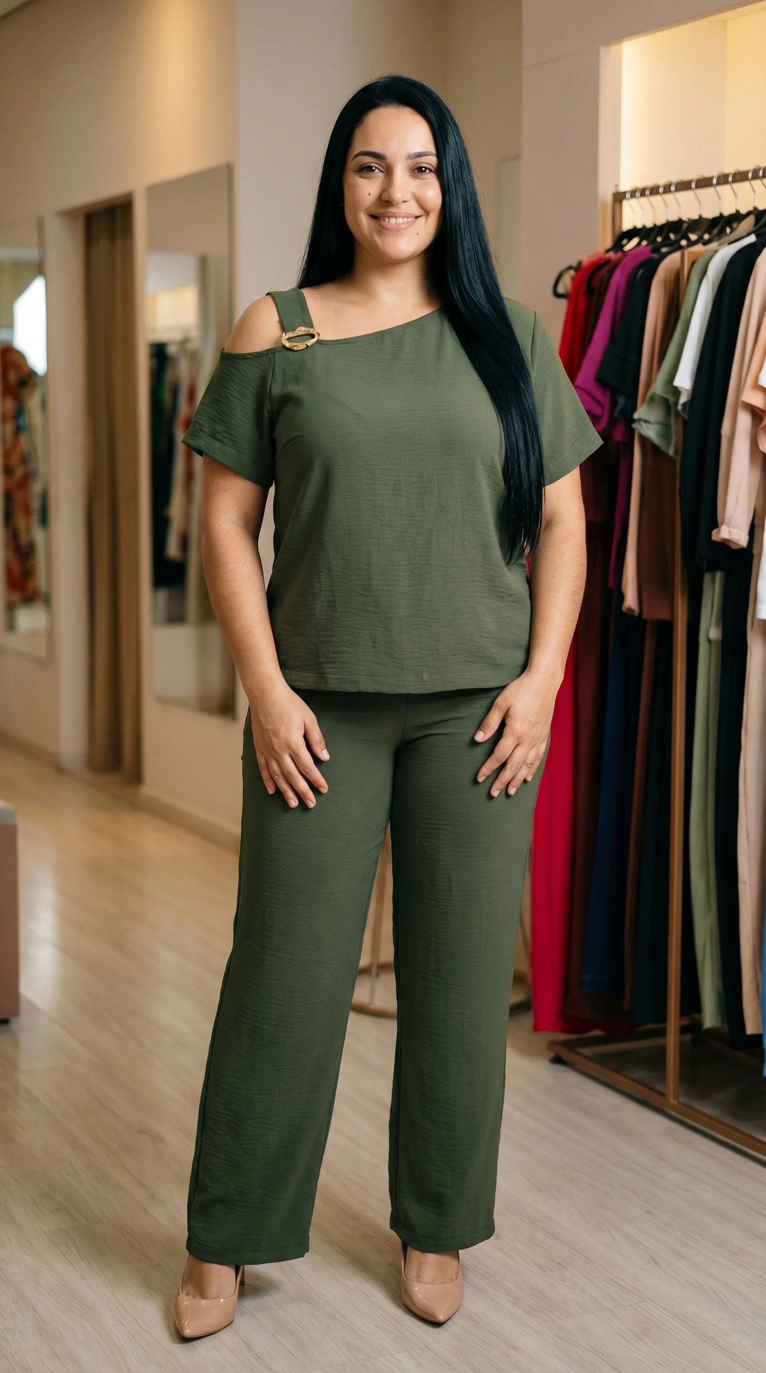 Tecido texturizado verde oliva, com blusa de ombro vazado e fivela dourada. A calça de corte reto completa o conjunto.