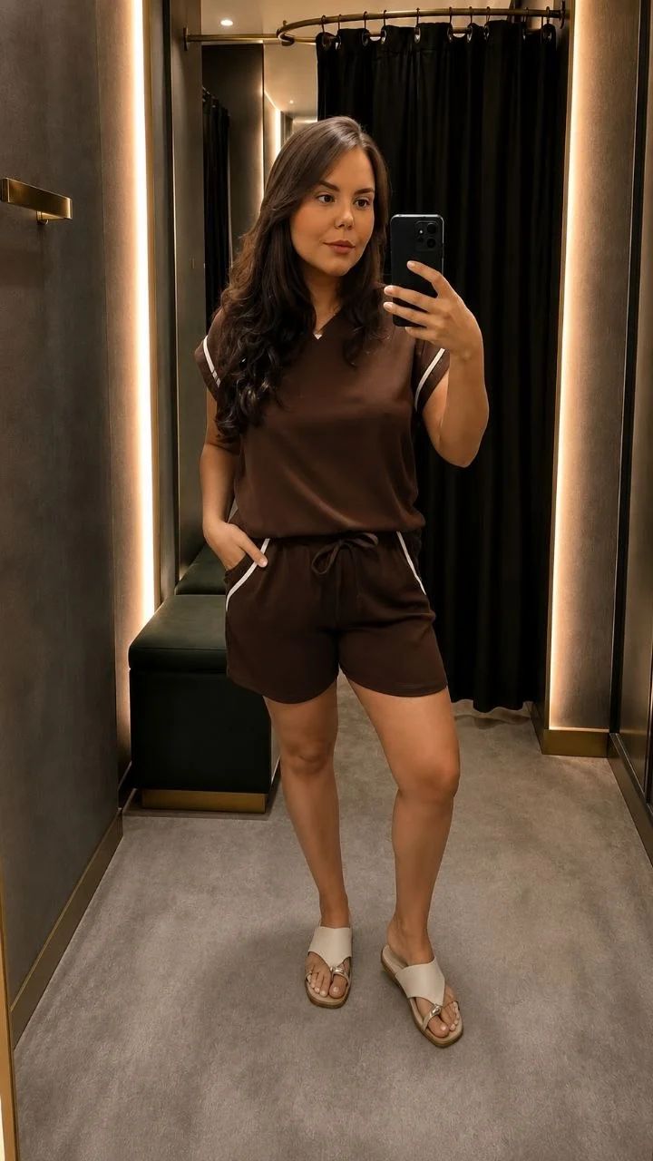 Confeccionado em tecido macio marrom café. Blusa de decote V e shorts com cordão, ambos com recortes brancos contrastantes.