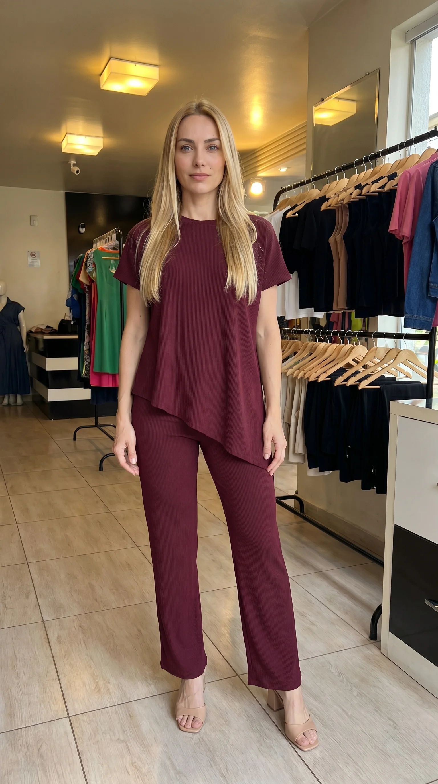 Malha canelada em tom vinho profundo. Blusa de caimento solto e barra assimétrica, combinada com calça reta.