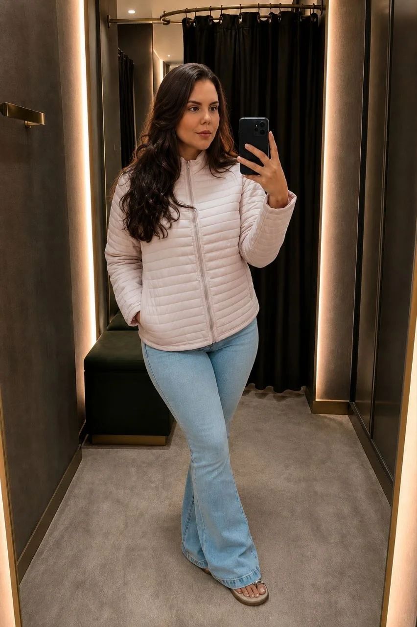 Nylon rosa chá acolchoado, com gomos horizontais e gola alta. Leve e perfeito para a meia-estação.