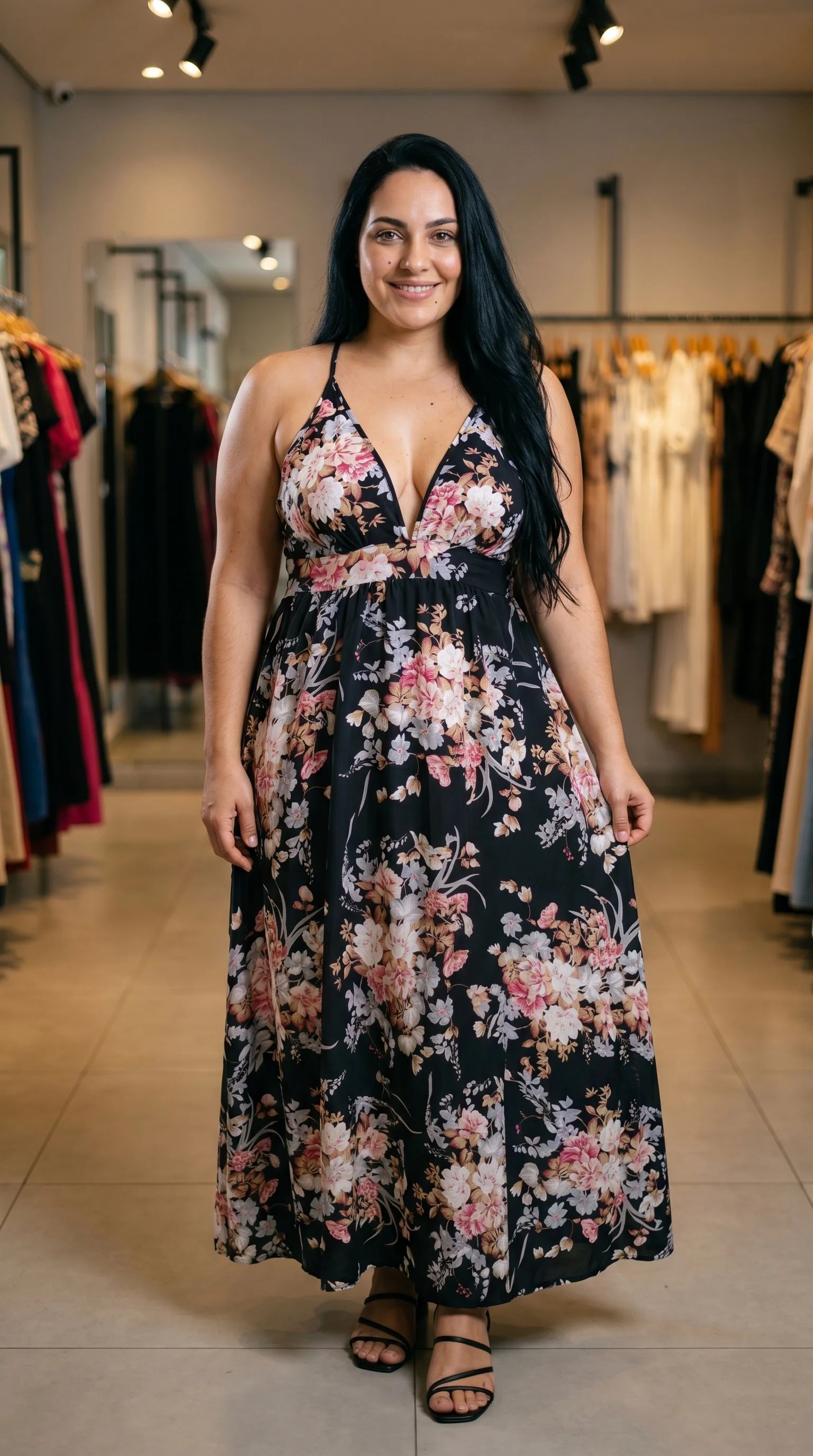 Vestido em crepe preto com estampa floral em tons de rosa e pêssego. Decote V profundo, alças finas e saia maxi de caimento fluido.